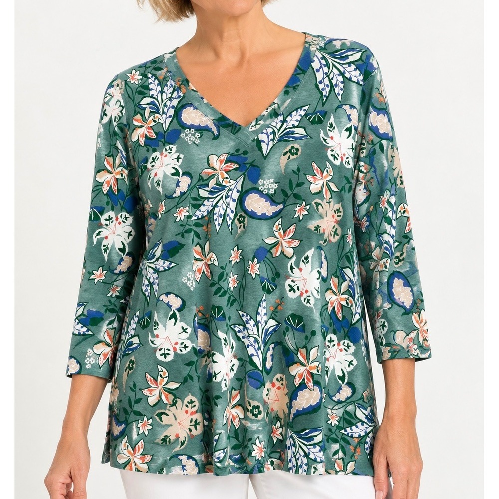 Chicos Pima Cotton Floral Paisley V-Neck 3/4 Sleeve Tunic Top Green Size 3 XL